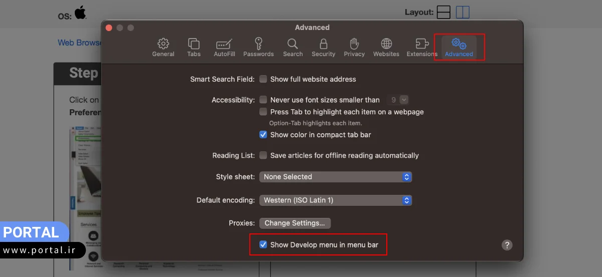 هایلایت Show Develop menu in menu bar در تنظیمات مک