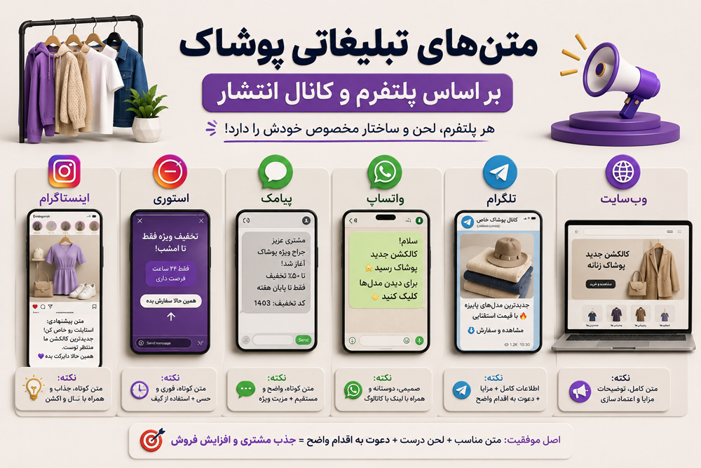 متنهای تبلیغاتی پوشاک بر اساس پلتفرم و کانال انتشار