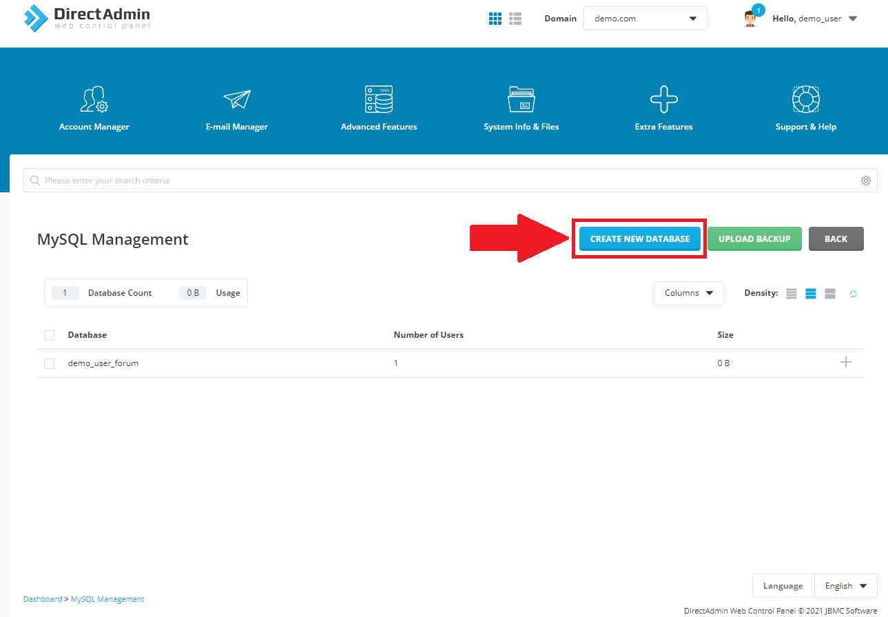 ایجاد دیتابیس در دایرکت ادمین برای پرستاشاپ