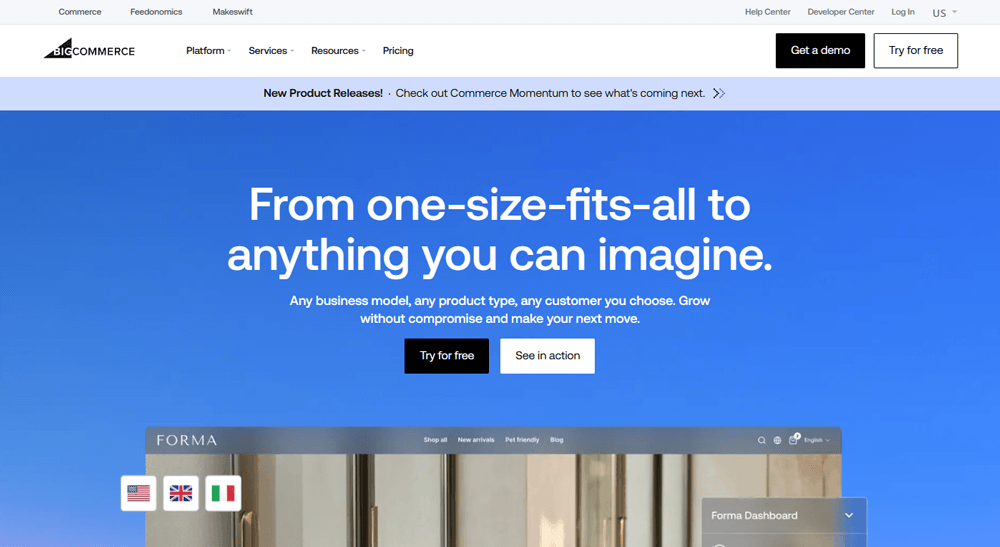 اسکرینشات از صفحه اصلی BigCommerce