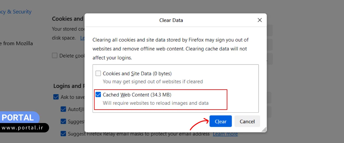 هایلایت Cached Web Content برای پاک کردن کش مرورگر فایرفاکس