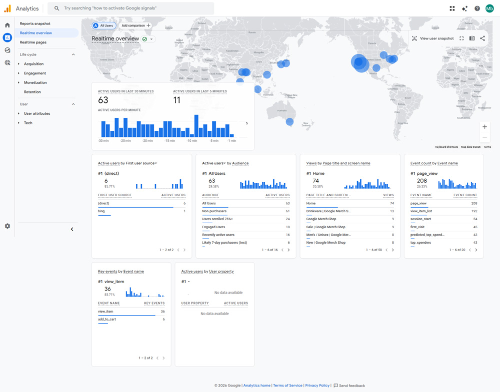 تصویر بخش Realtime overview در گوگل آنالیتیکس