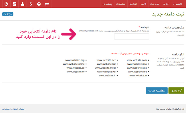 وارد کردن نام دامنه انتخابی